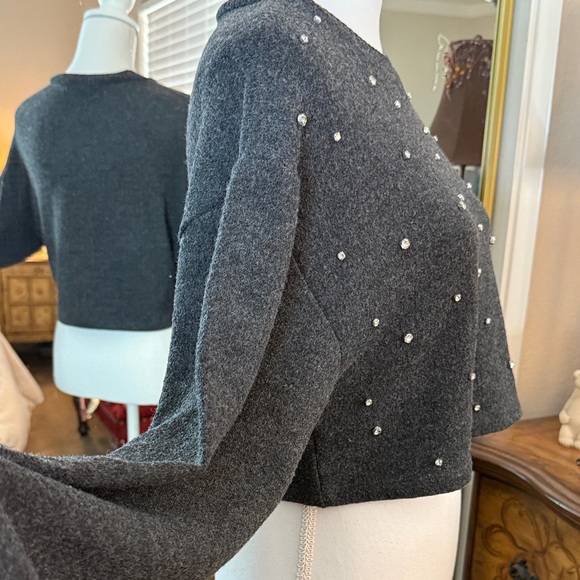 Zara Charcoal Rhinestones-Studded Crew Neck Sweater NWOT - Picture 3 of 11